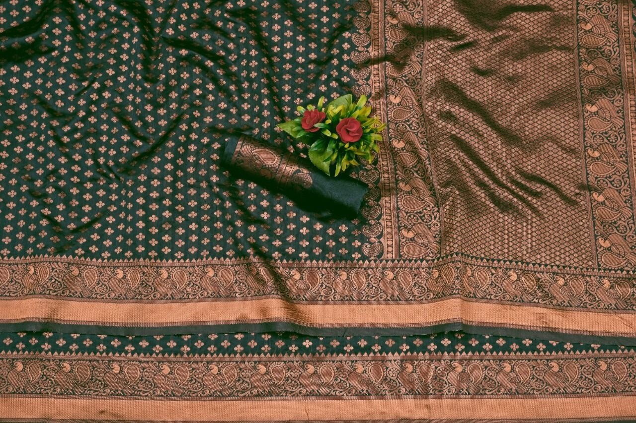 Areca Designer Copper Peacock Green Silk saree blouses women Saree Cut 5.5 Meter