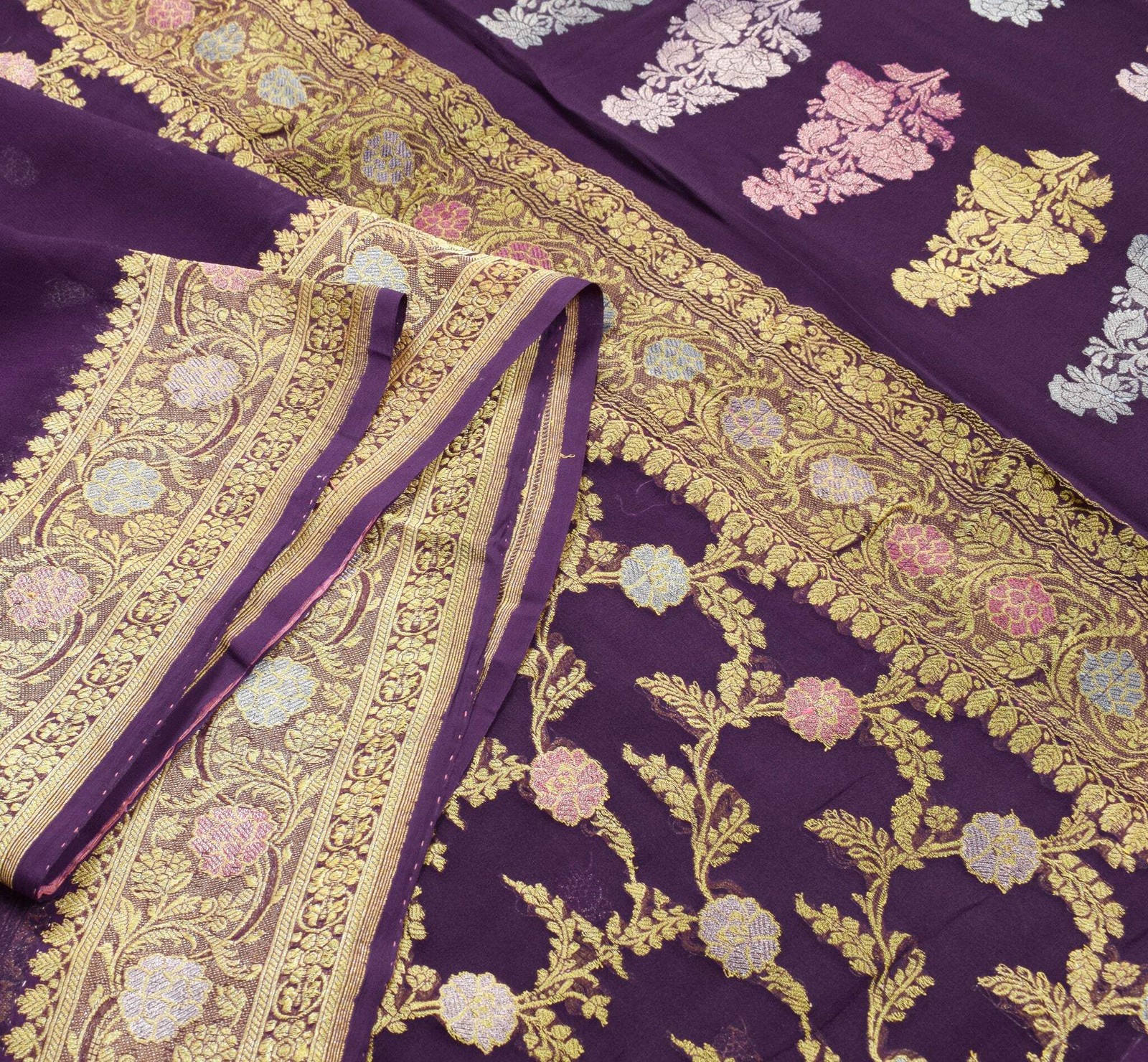 Sushila Vintage Pure Banarasi Georgette Saree Dark Wine Gold Zari Meenkari Sari