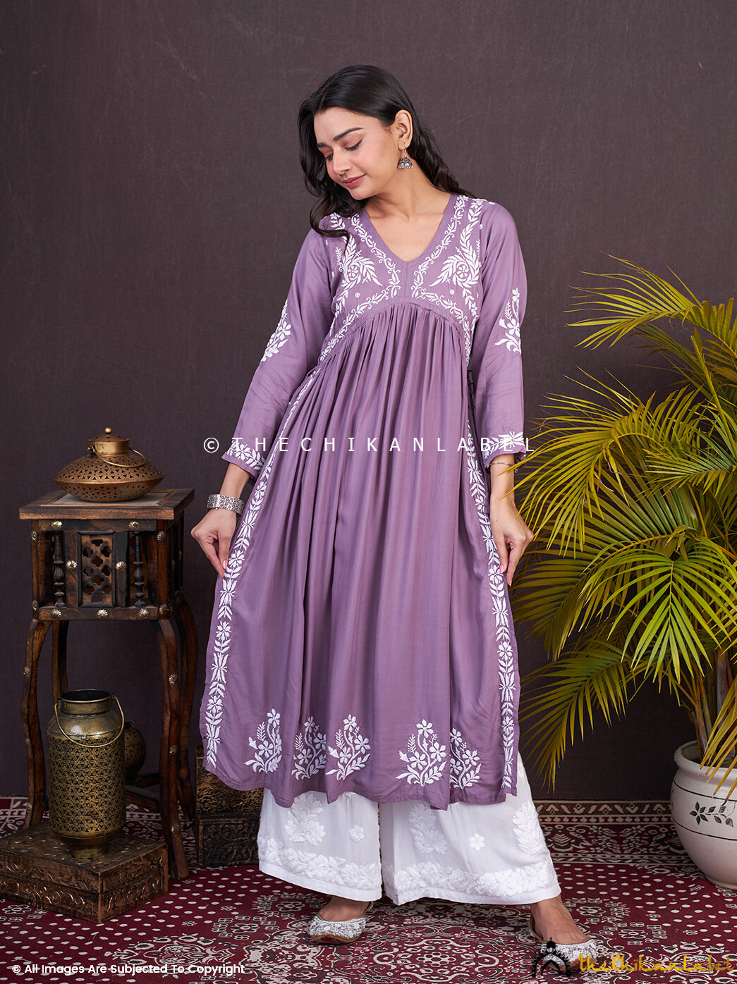 Mauve Modal Handmade Lucknowi Chikankari Anarkali Kurta Ethnic Wear Kurti