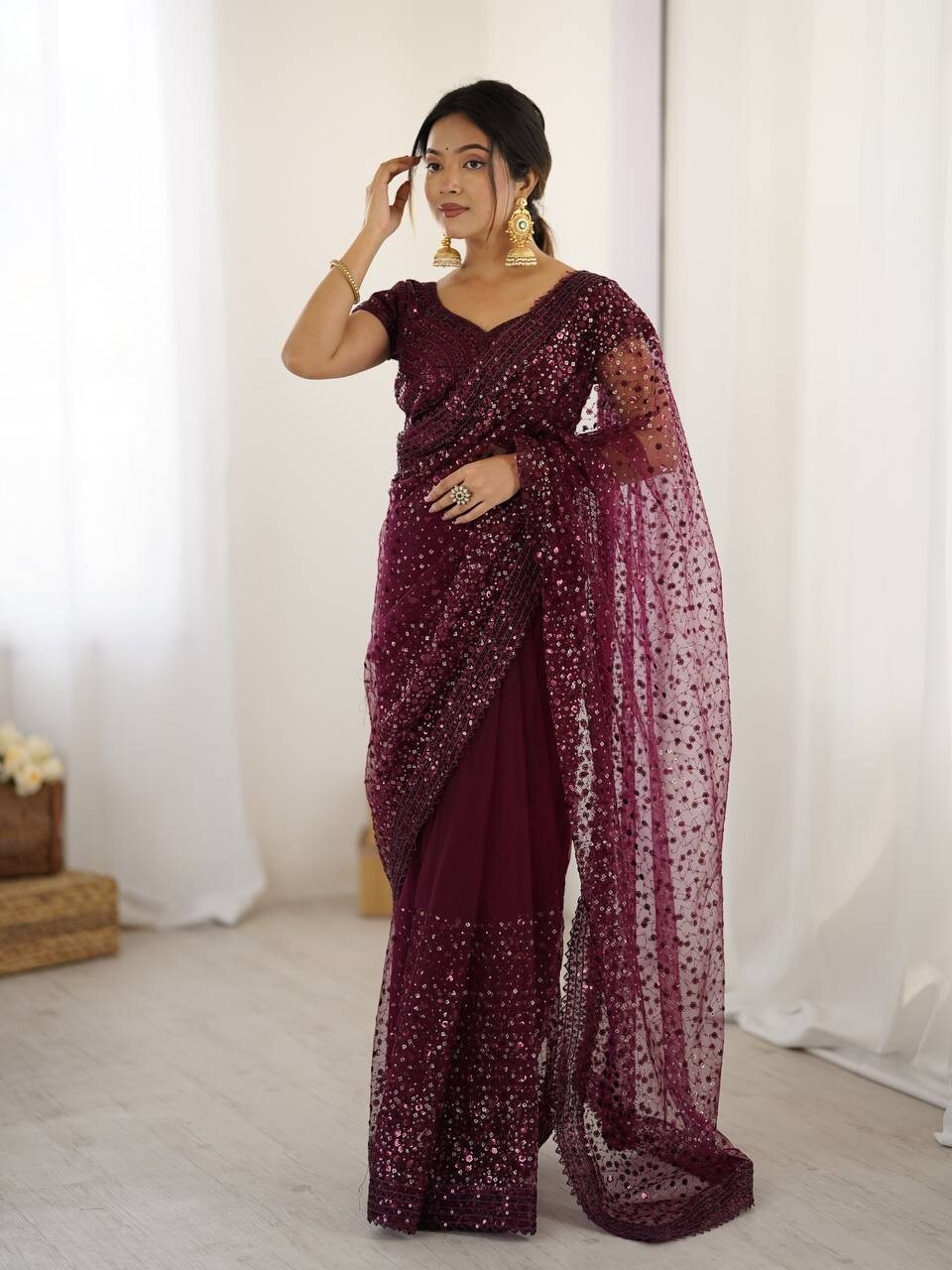 Launching Festival Wear Wine Net Saree With Blouse For Women & Girls