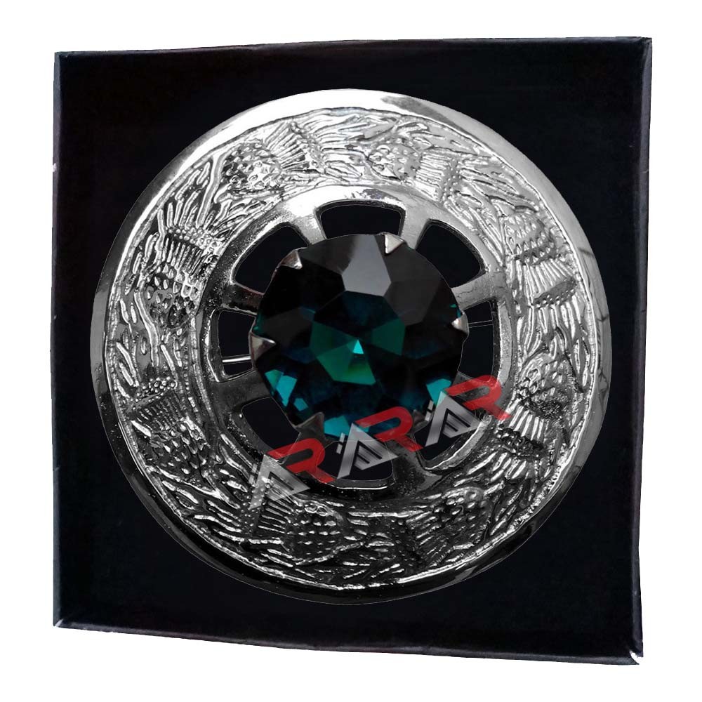 Men’s Kilt Fly Plaid Brooch Sea Green Stone Silver 3″/Scottish Fly Plaid Brooch
