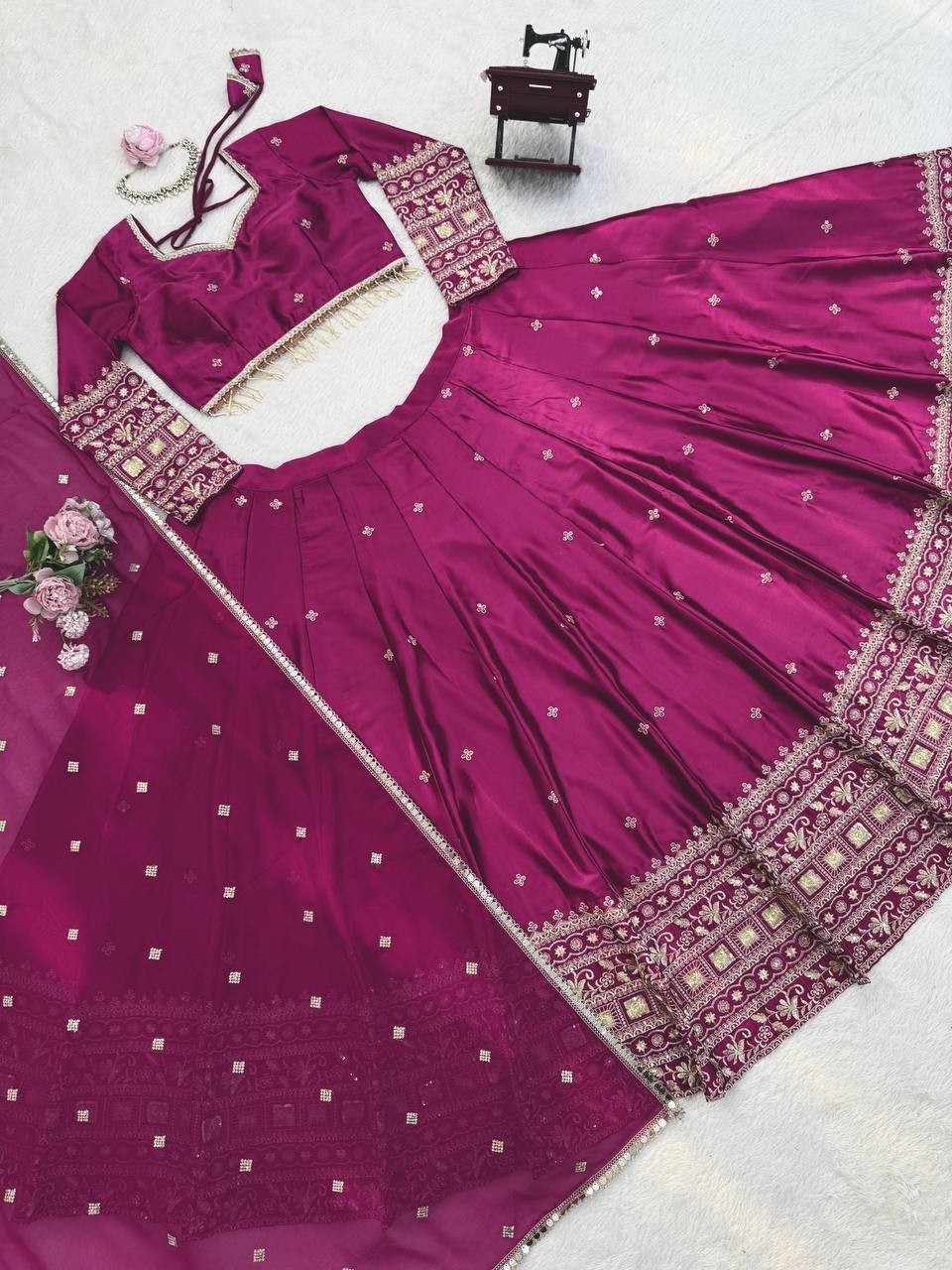 Latest Japan Satin Wine Lehenga Choli With Dupatta For Reception Wear