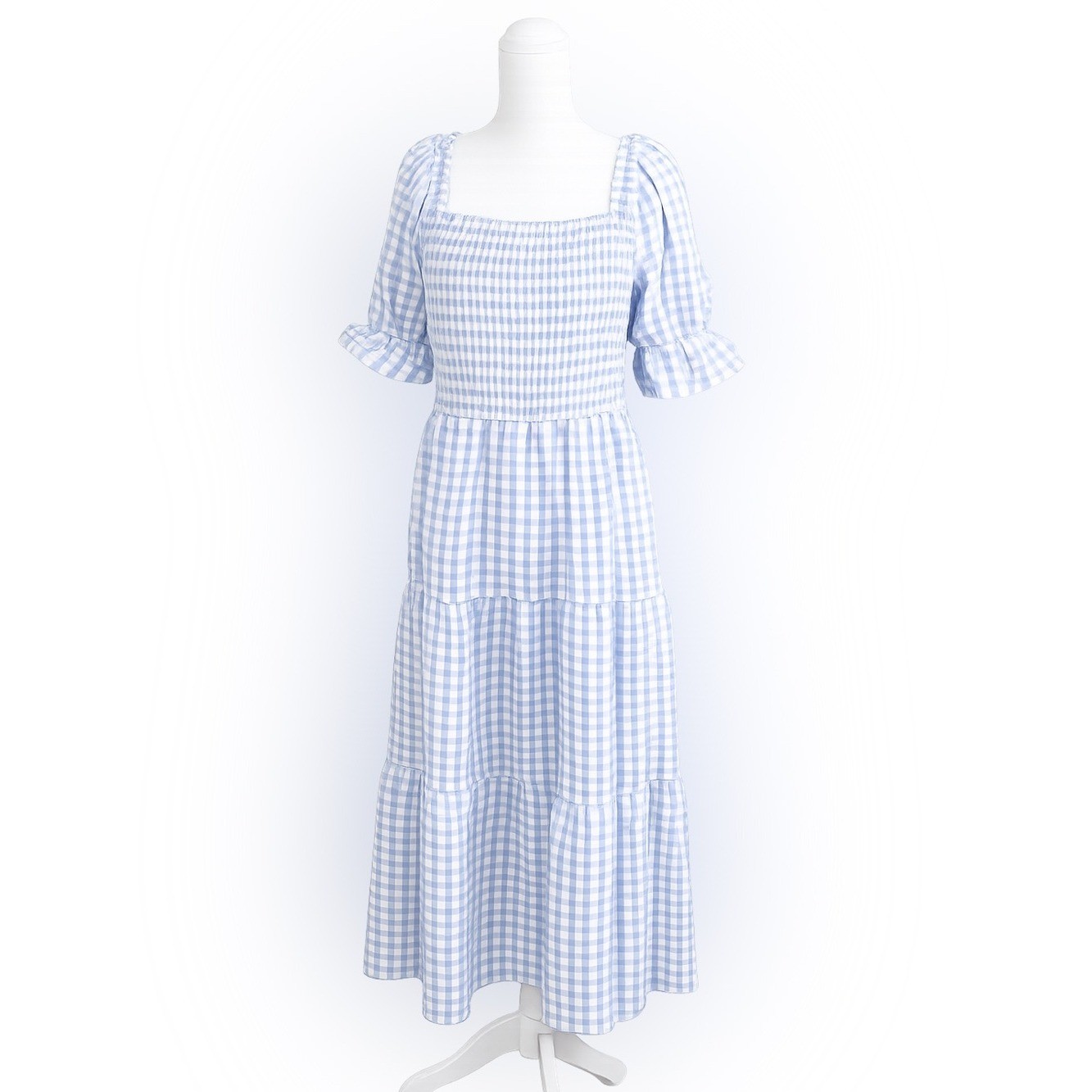 NWT ZESICA Blue & White Gingham Smocked Tiered Maxi Dress XL Cottagecore