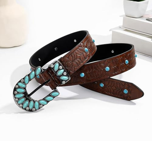Western-Belt Woman Turquoise-Cowgirl-Belts for Jeans-Pants 28″-38″/115CM Coffee