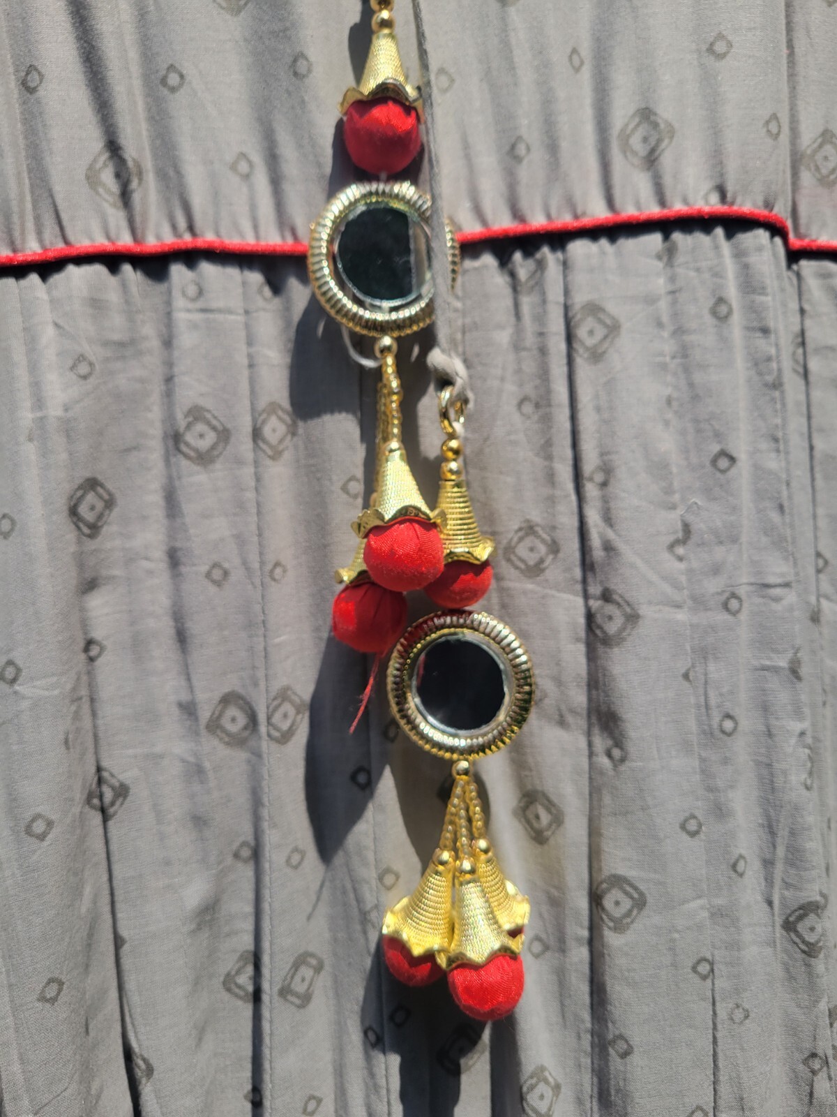 Anarkali cotton floor length gown. Gray with red embroidery. Sleeveless. Size M
