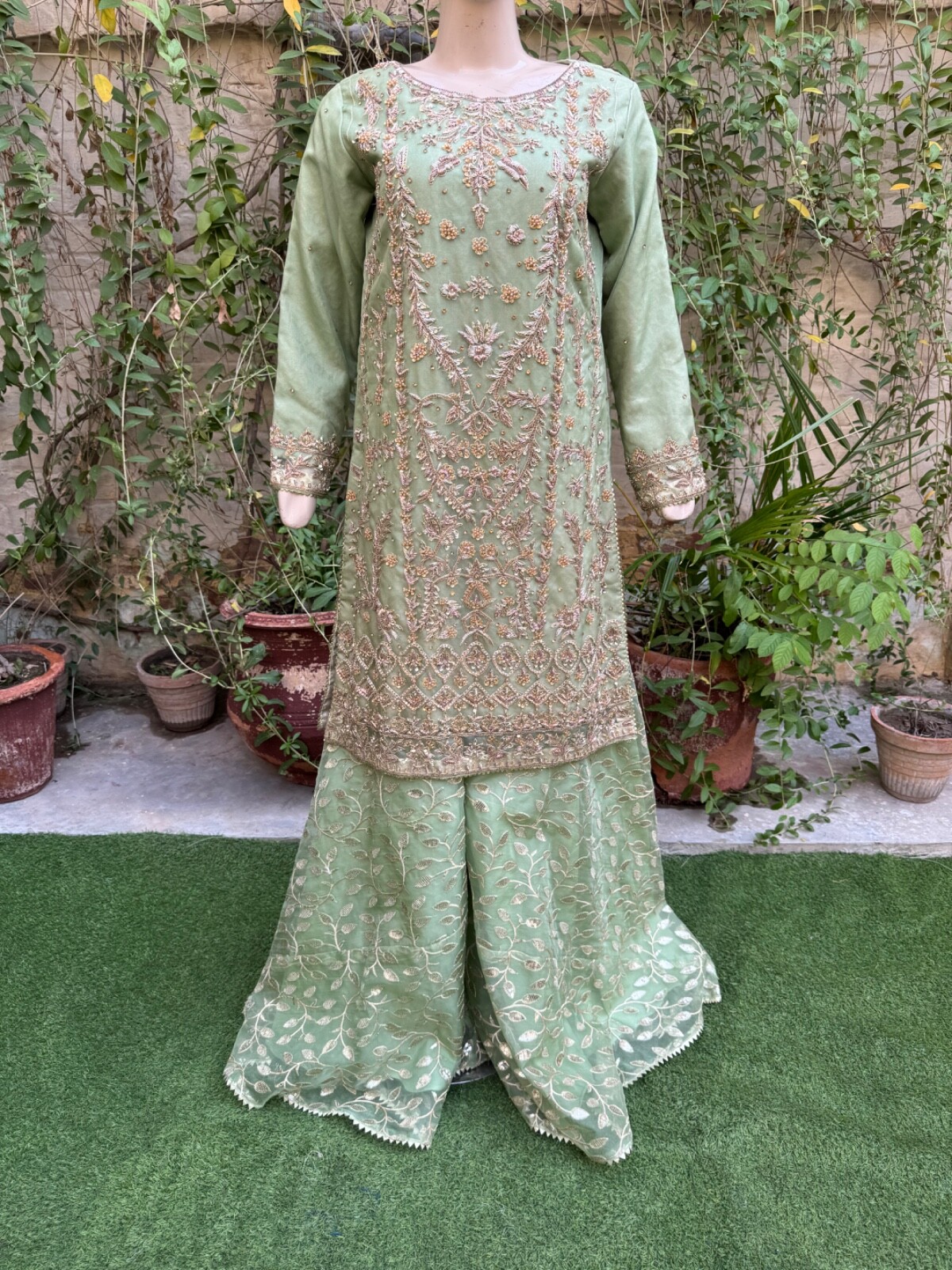 Pakistani Pista Green heavy jewel work Organza 3pcs Sharara Dress,M