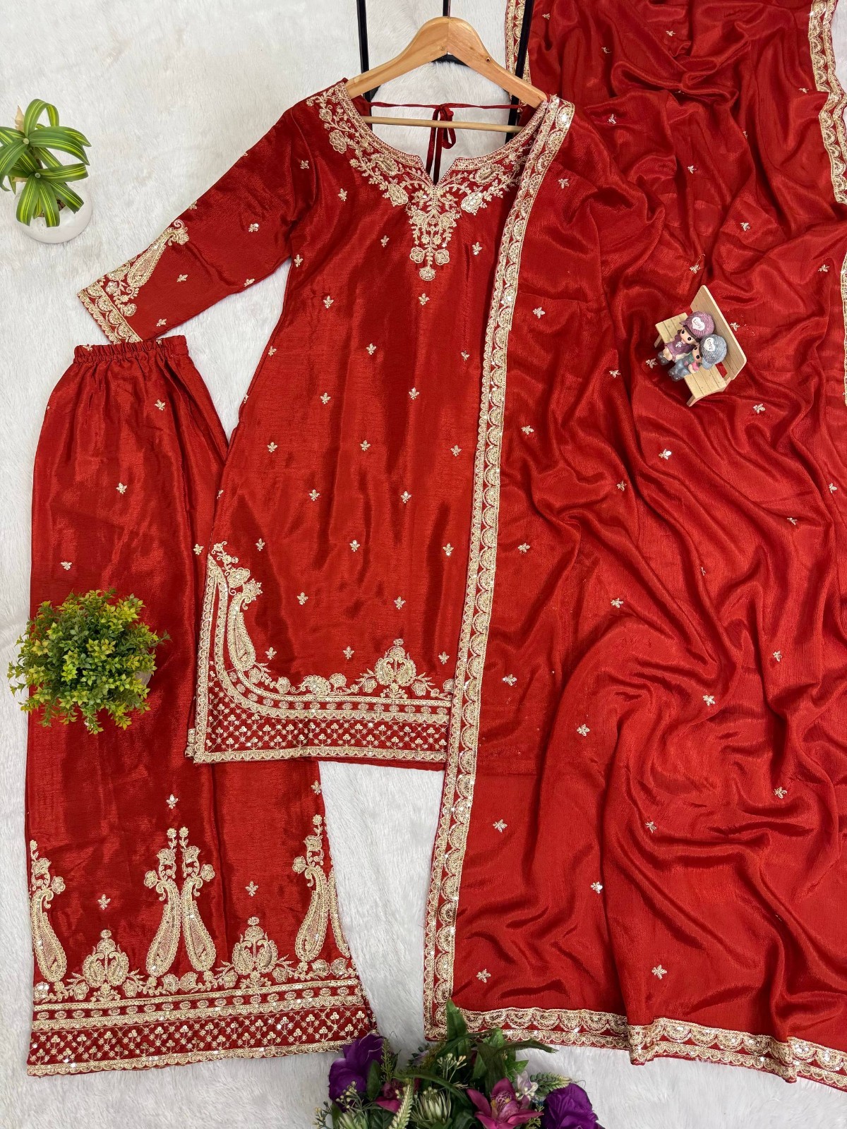 Women’s Readymade Pakistani Style Chinon Kurti Palazzo Dupatta Set Ethinic Suit