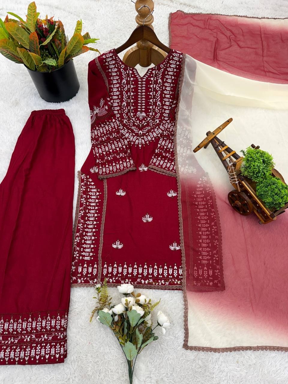 Designer Rayon Cotton Maroon Salwar Kameez With Dupatta For Indian Party Wear