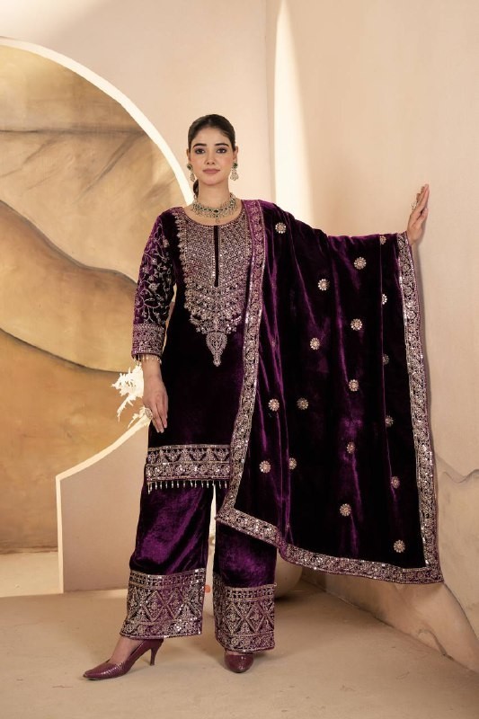 New Stylish Wine Viscose Velvet Salwar Kameez With Dupatta For Party Wear