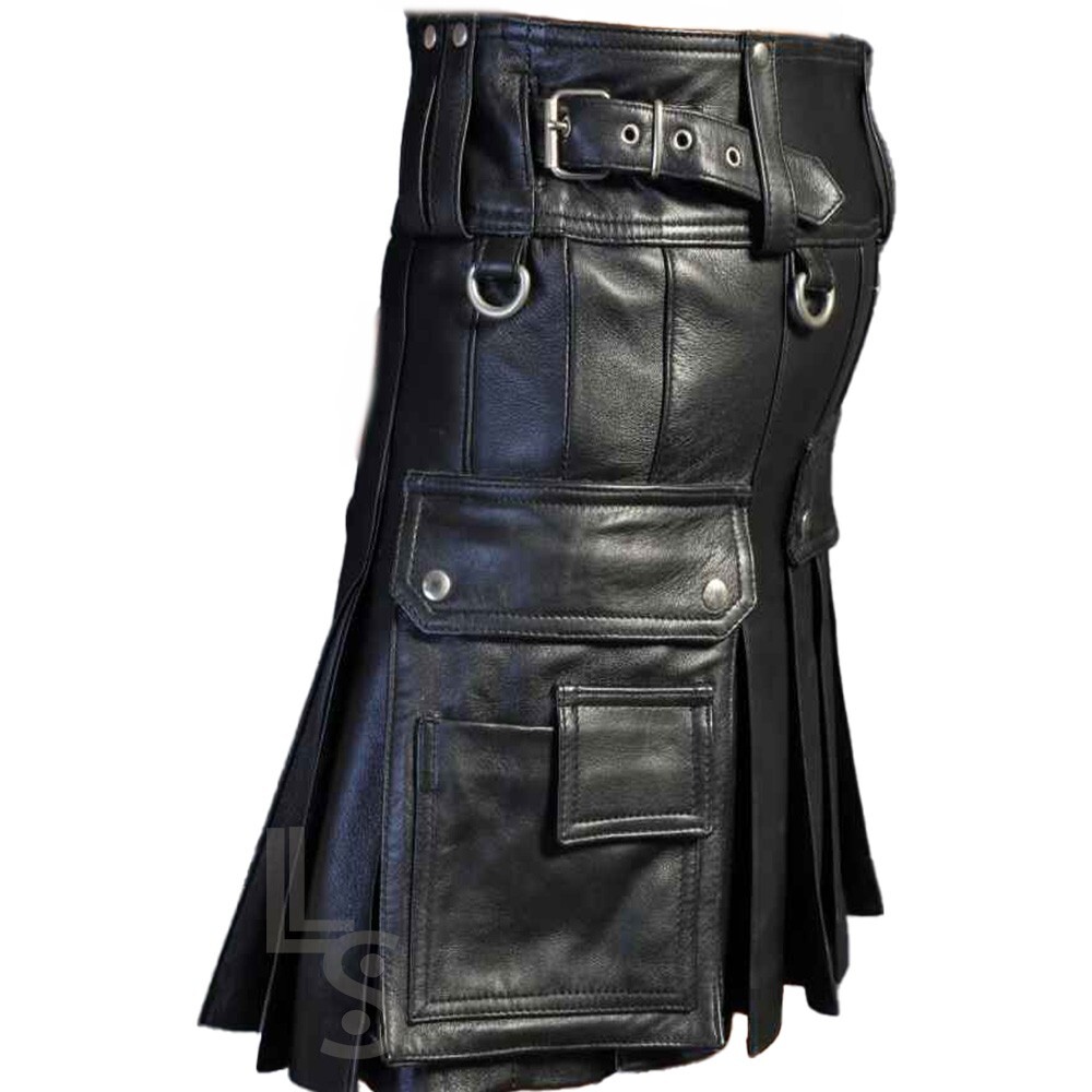 Warrior Handmade Strap-Adjustable Partywear Black Cow LARP Leather Kilt, For Men