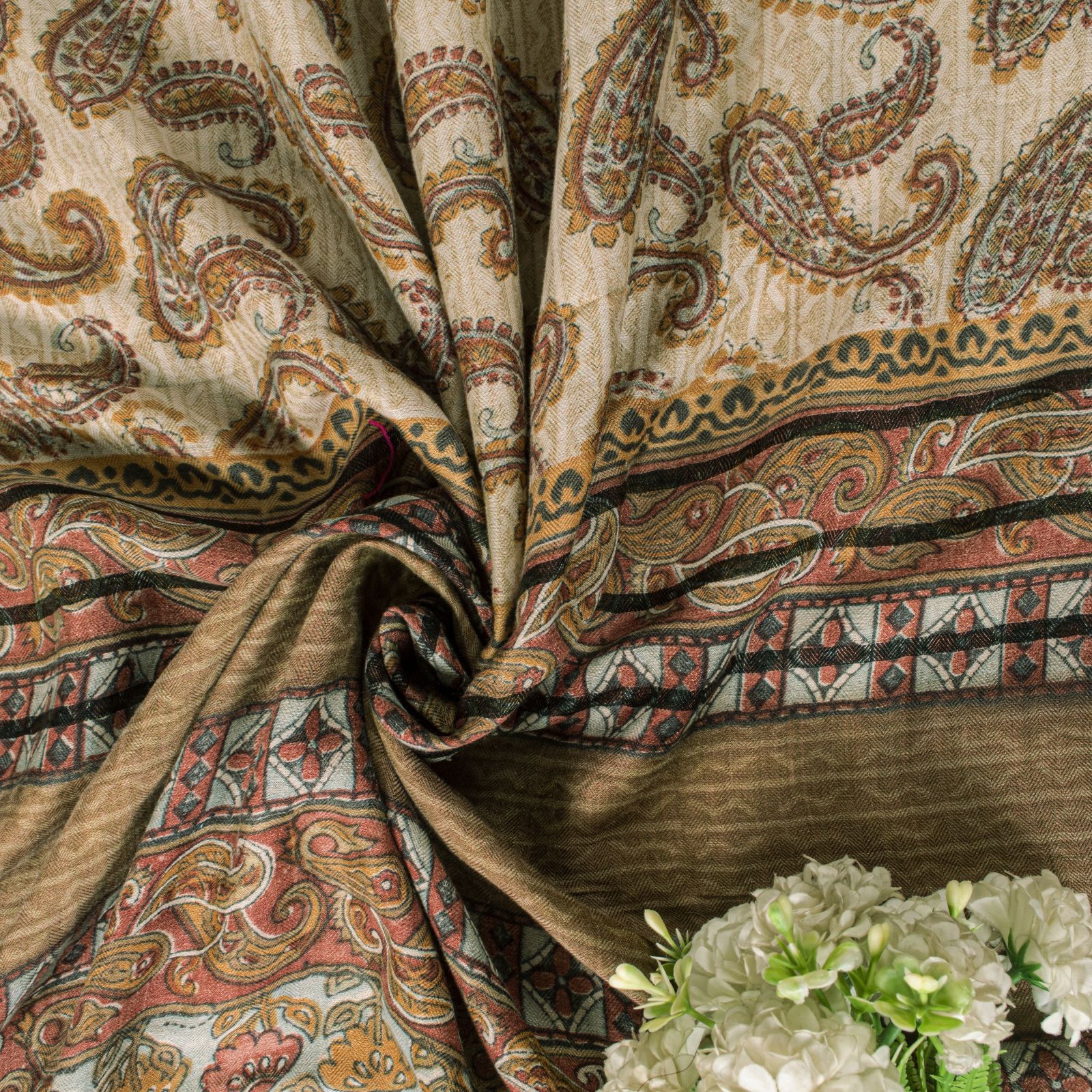 Sanskriti Vintage Indian Cream Sari 100% Pure Woolen Fabric Printed Soft Sarees