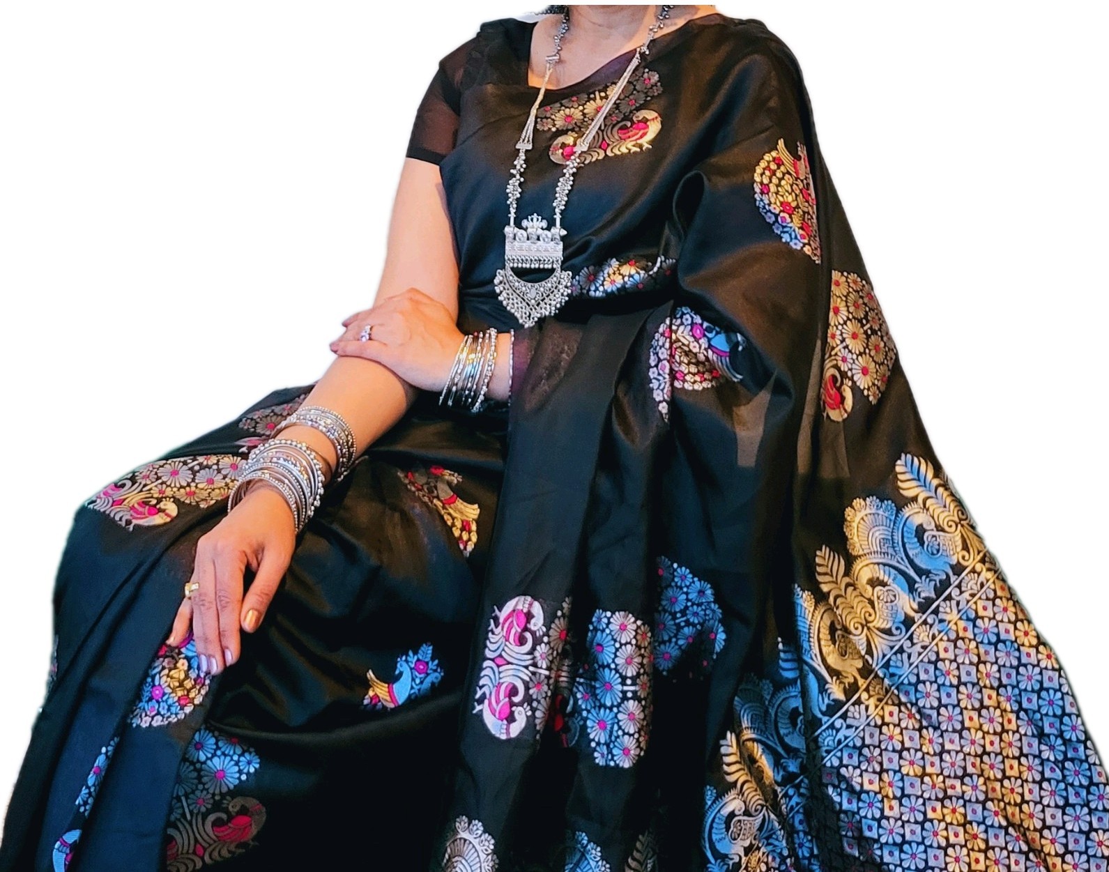 Indian bollywood Banarasi Kanjivaram Sari handloom Black Silver lichi Silk Saree