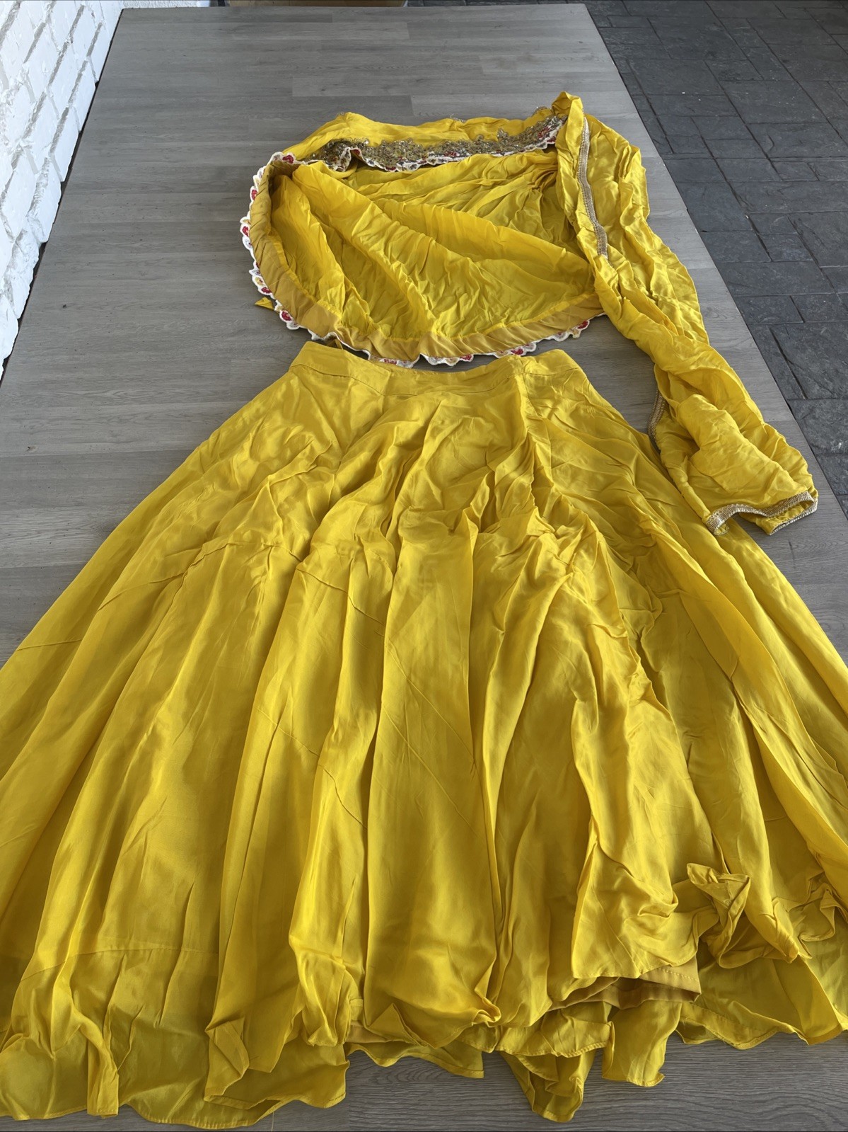 Two Piece Handmade Indian Sari Dress Yellow Red Woman’s Size M KG JD