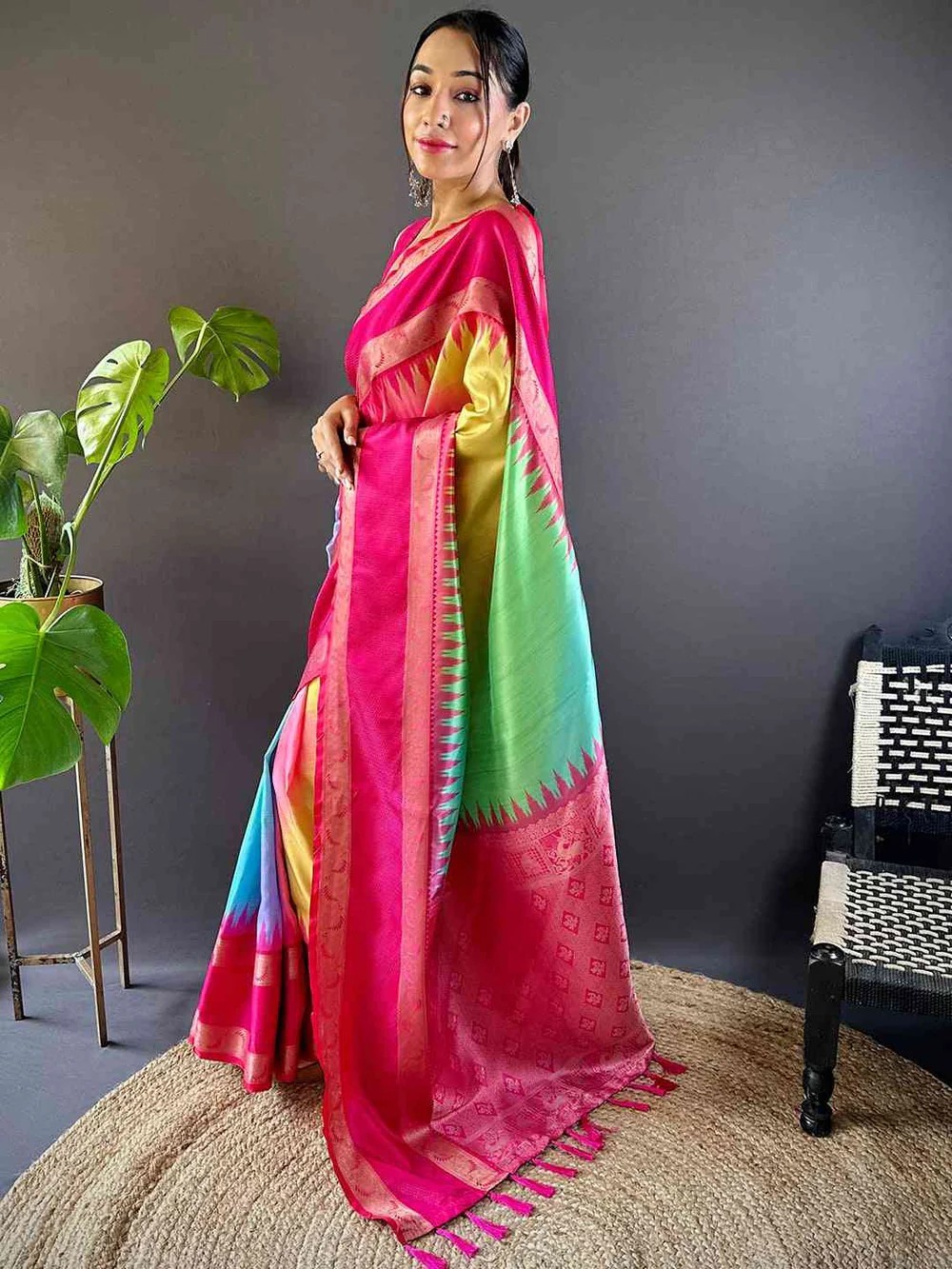 Women Rainbow Soft Silk Ikkat Saree With Blouse Unstitched Piece