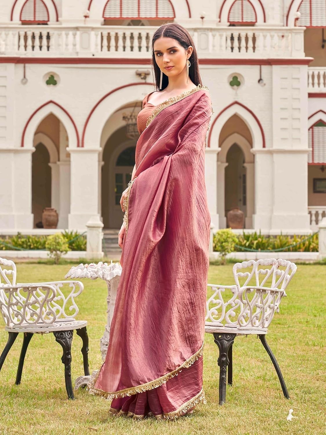 Women’s Plain Organza Solid Embellished Lace Saree with Un-Stitched Blouse Piece