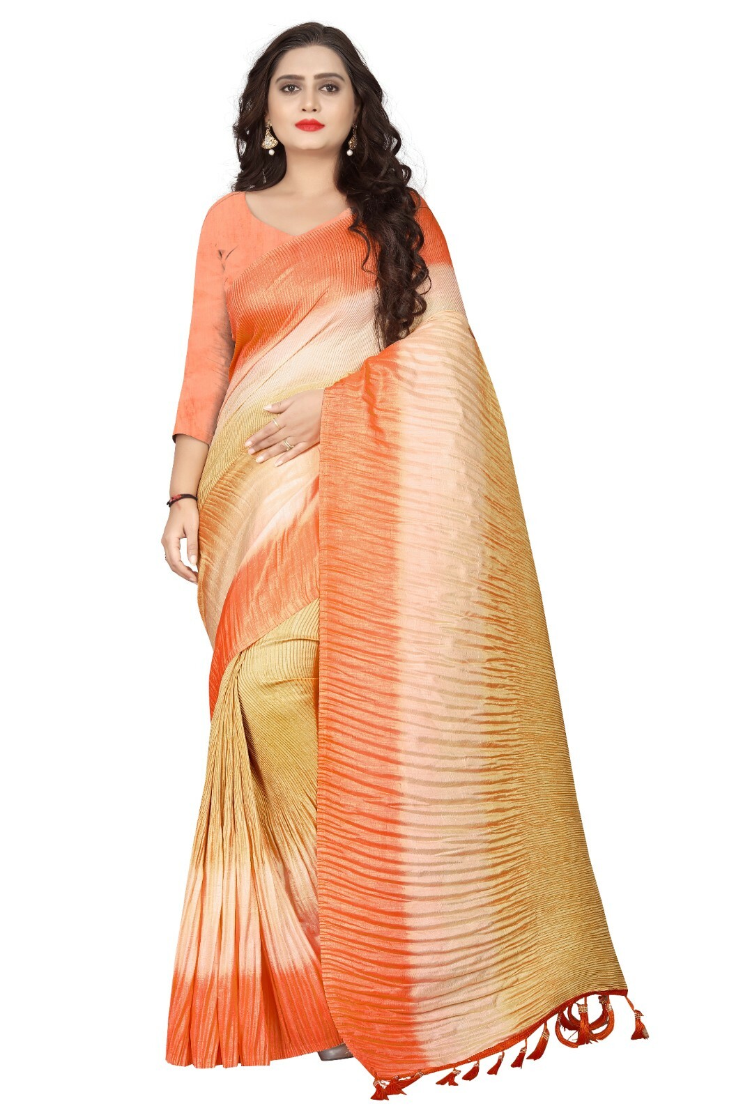Harpita Poly Silk 2 Ton Platting Crush Sari With tassel UN-Stitched Blouse