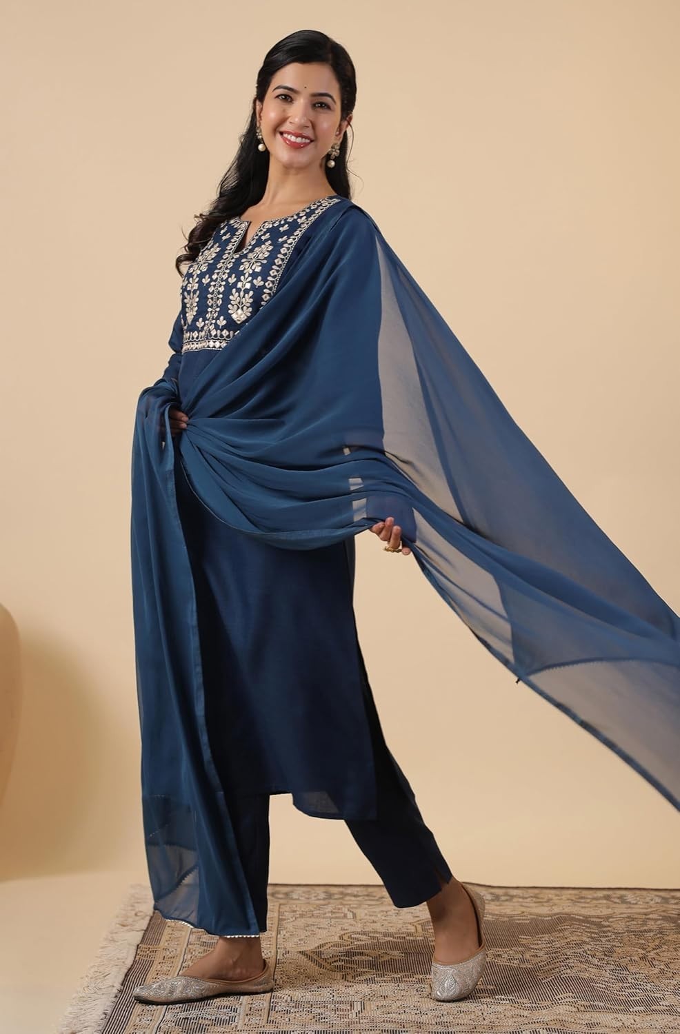 Women’s Cotton Blend Yoke Embroidered Straight Kurta Set