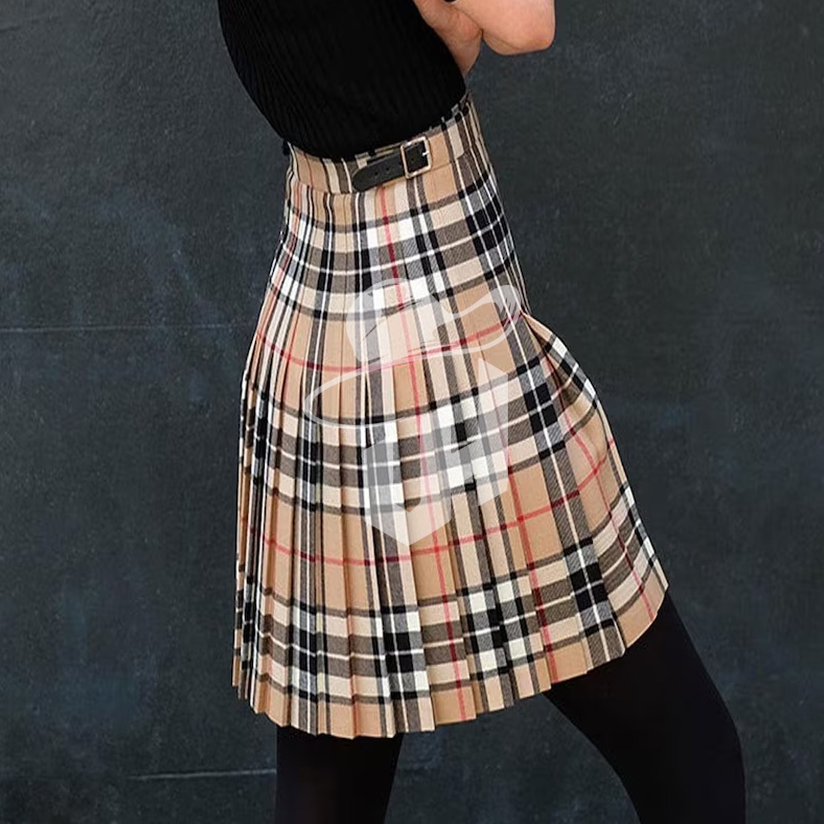 Custom Camel Thompson Tartan Kilt for Women with Leather Straps & Lining