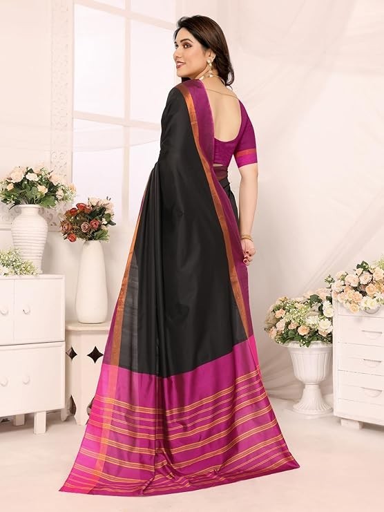 Women’s Striped Pattern Cotton Silk Saree and Unstitched Blouse Piece