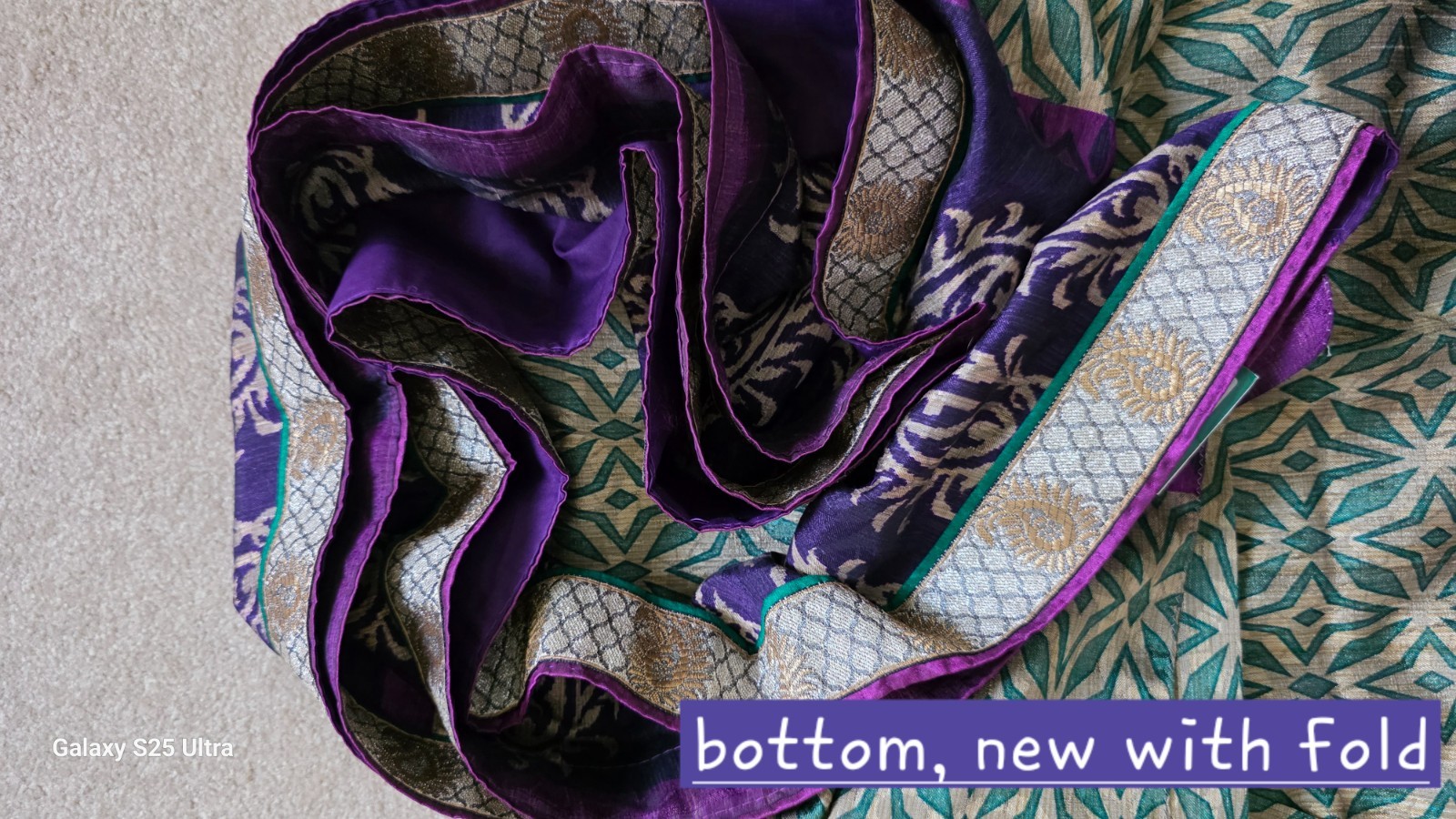 Elegant Purple Crepe Silk Saree Green Gold Zari Border & Unstitched Blouse Piece