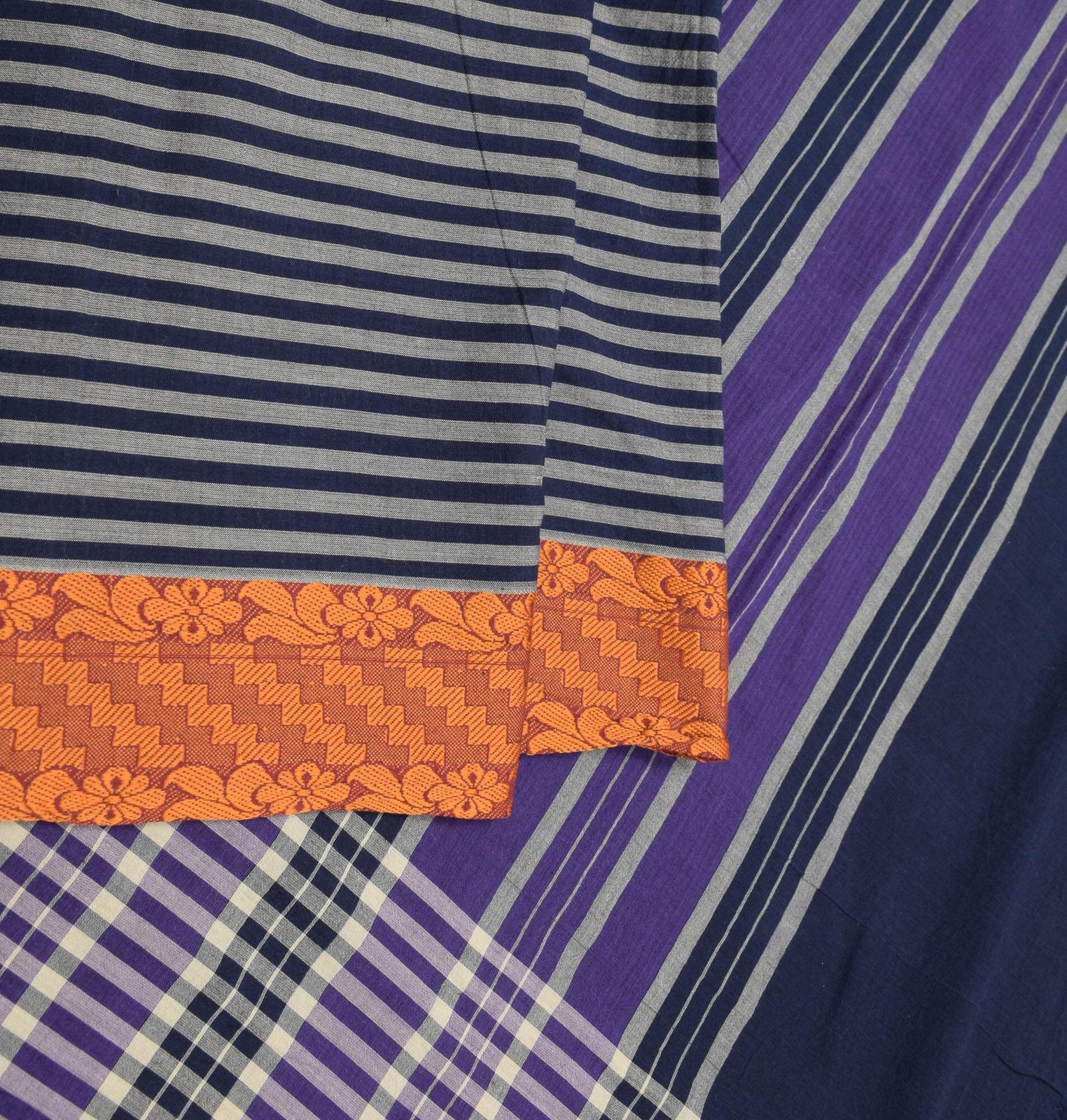 Sushila Vintage Blue Woven Saree Pure Cotton Stripes Soft Sari Craft Fabric