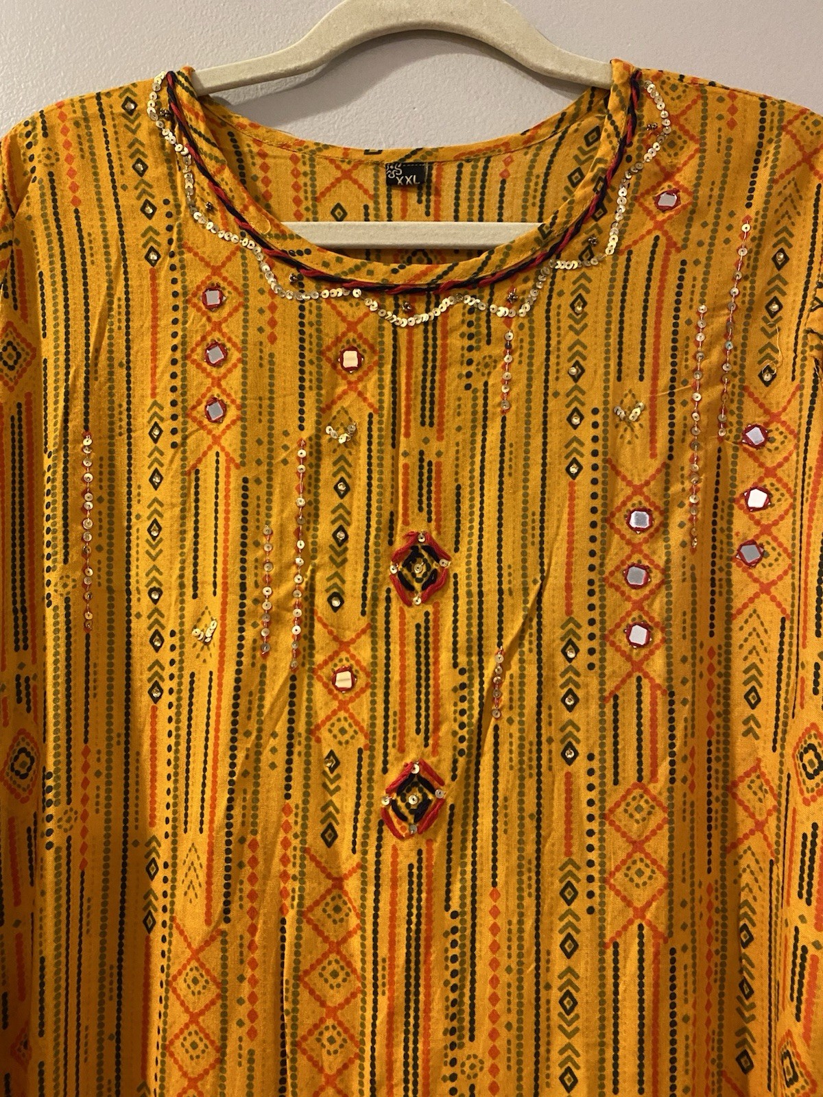 XXL Embellished Mustard Yellow Kurta Tunic Dress 3/4 Ruffled Sleeves