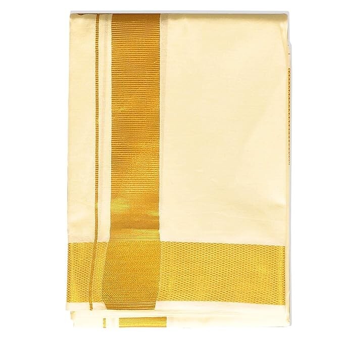 smt Cotton Double Cream Classic Dhoti With Big Golden Jari Border For Men’s, 1no