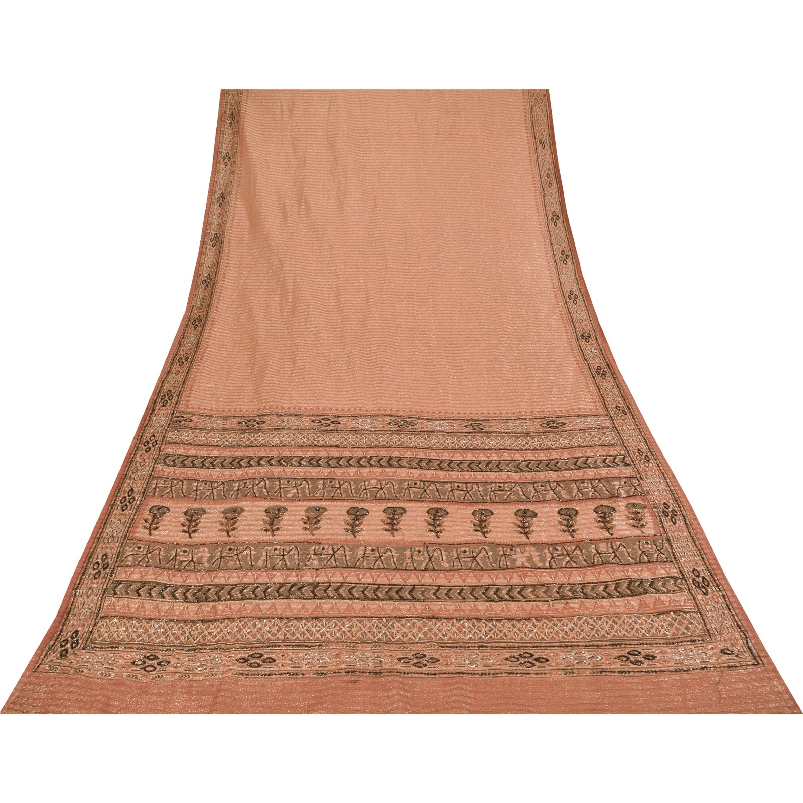 Sanskriti Vintage Pink Sarees Net Mesh Hand Beaded Printed Designer Sari Fabric