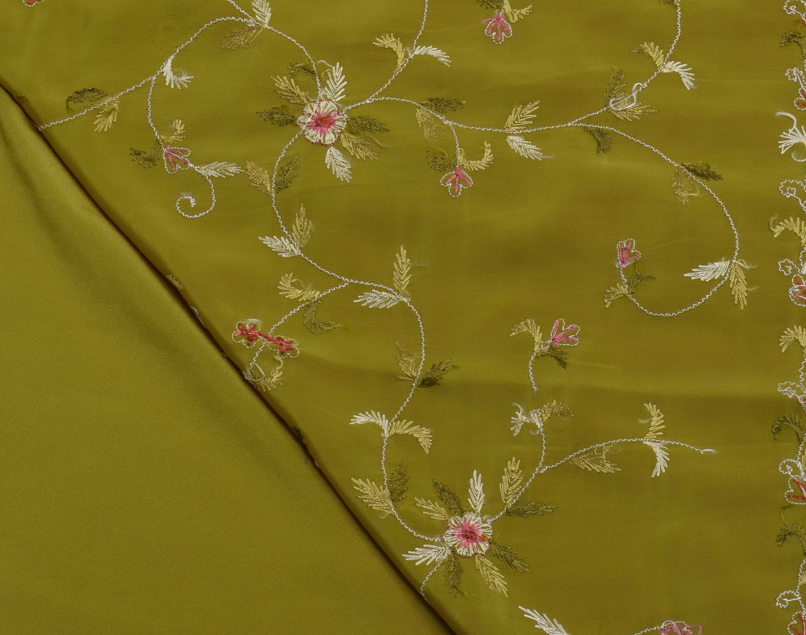 Sushila Vintage Green Saree Blend Crepe Silk Hand Embroidered Floral Sari Fabric