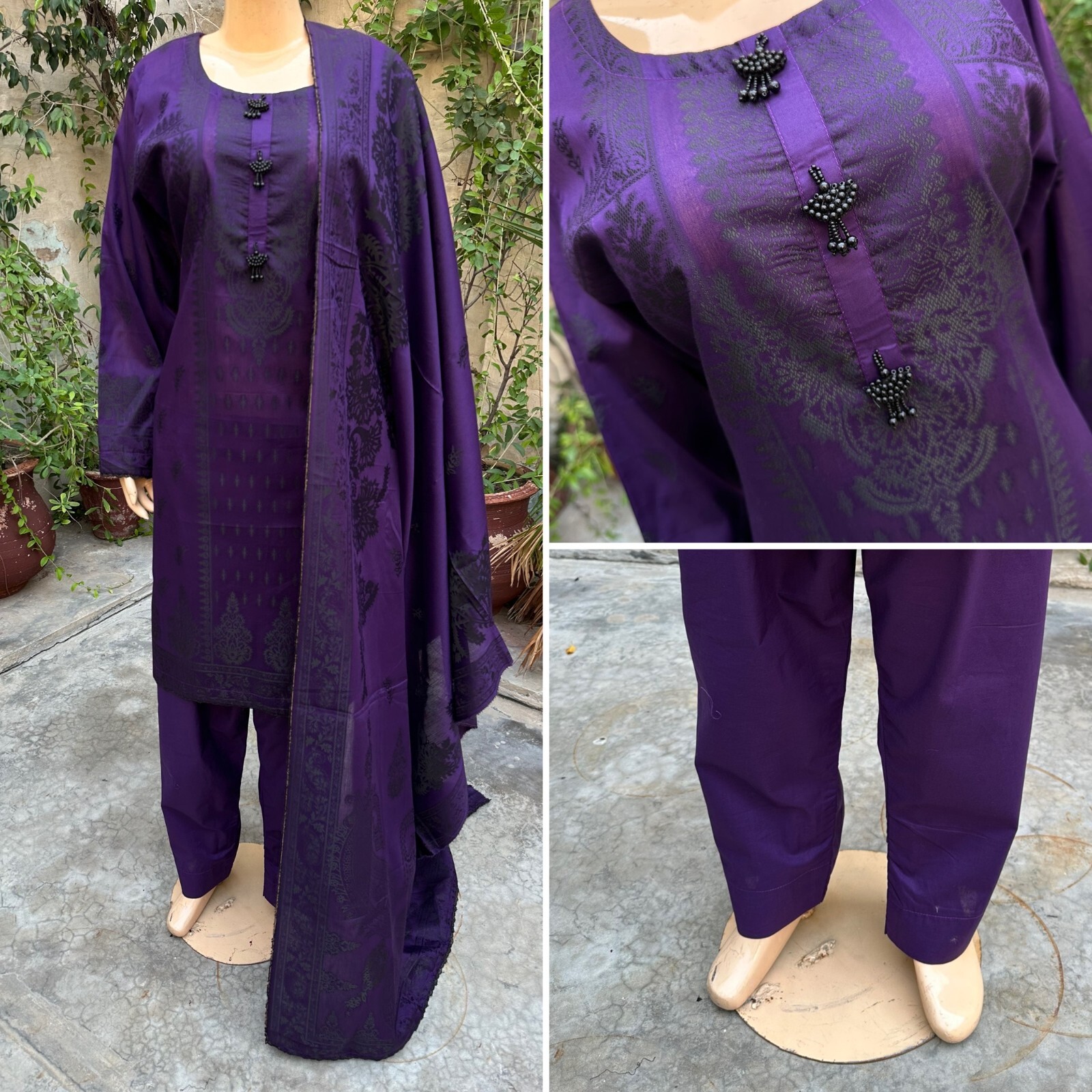 Pakistani Dark Purple straight style Shirt 3-PCS banarsi Lawn Dress,L