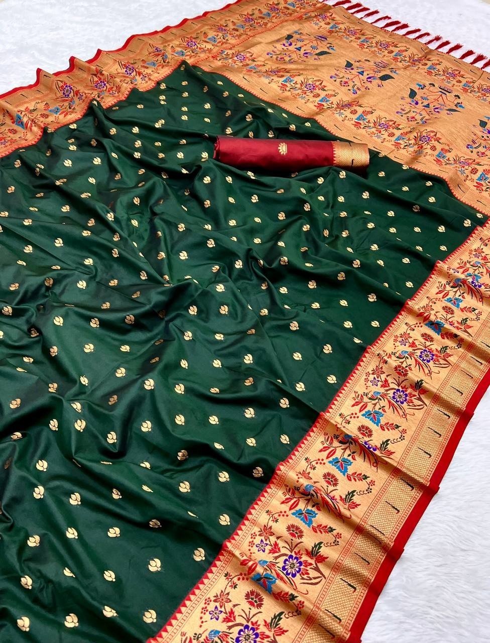 Heavy Paithani Silk Saree With Golden Zari Pallu Designer Wedding Party Wear