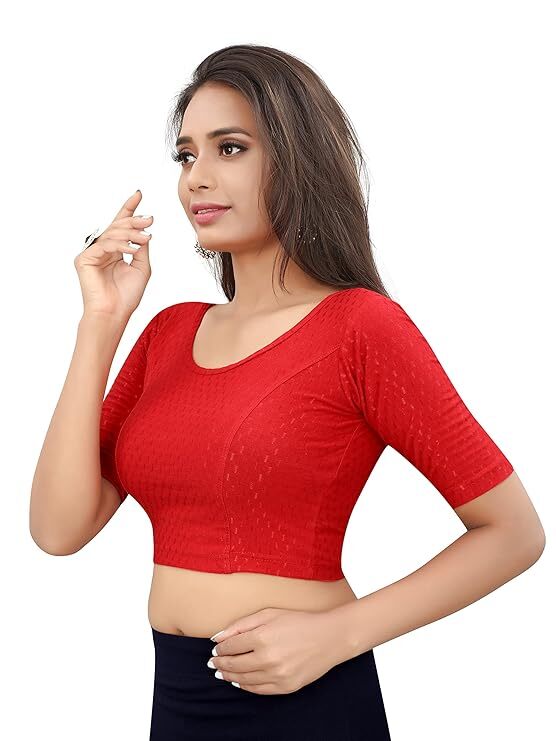 women Round Neck Lycra Stretchable Choli Elbow Sleeve Readymade Saree Blouse top