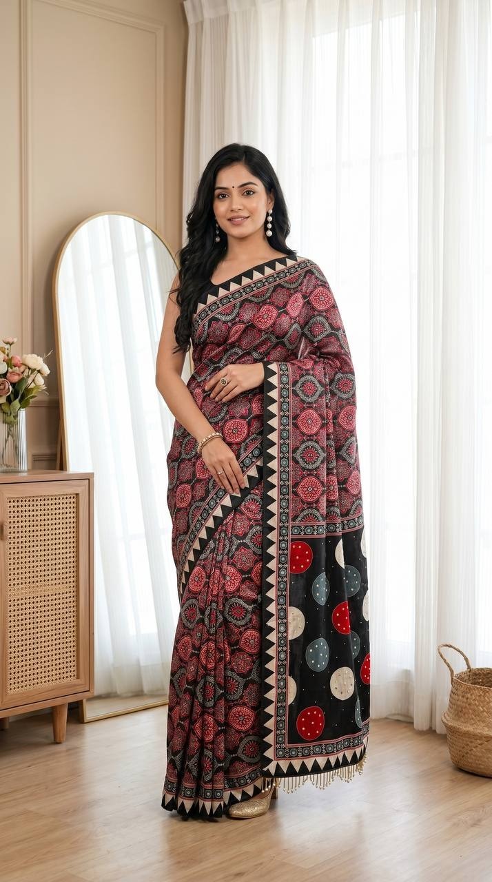 Indian Designer Party Wear Ajarakh Print Saree Blouse Mirror Real Moti work Sari