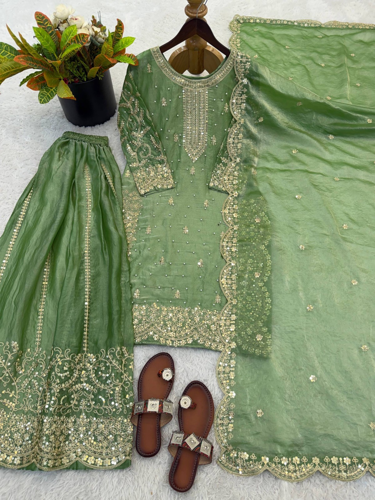 Designer Silk Top Palazzo With Pista Green Dupatta For Wedding Wear
