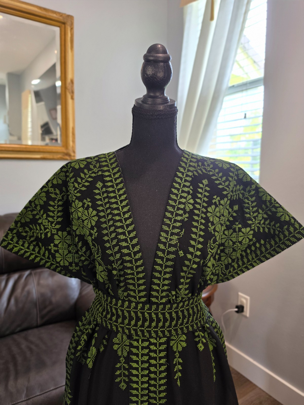 Black Palestinian Jordanian Abaya Thobe with Green tatreez Embroidery