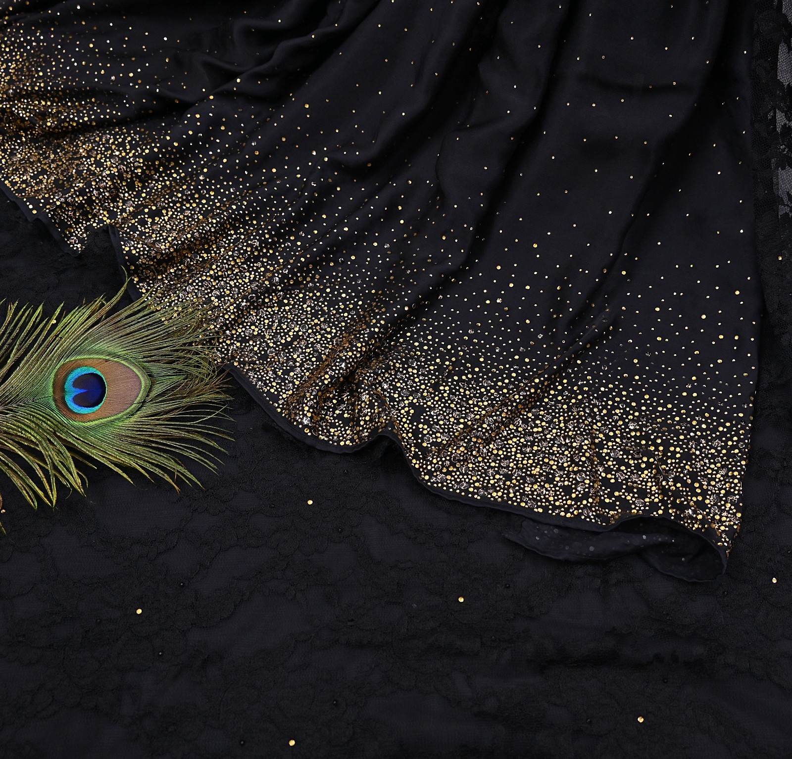 Rare Vintage Black Net Pure Satin Silk Saree Hand Embroidered Fabric 5 Yards Sa