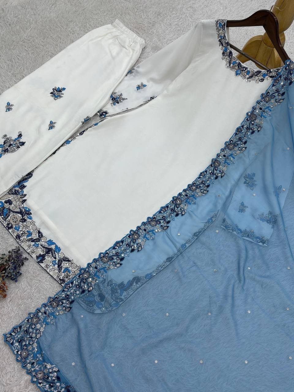 Beautiful White Rayon Cotton Palazzo Suit With Dupatta For Indian Party Wear