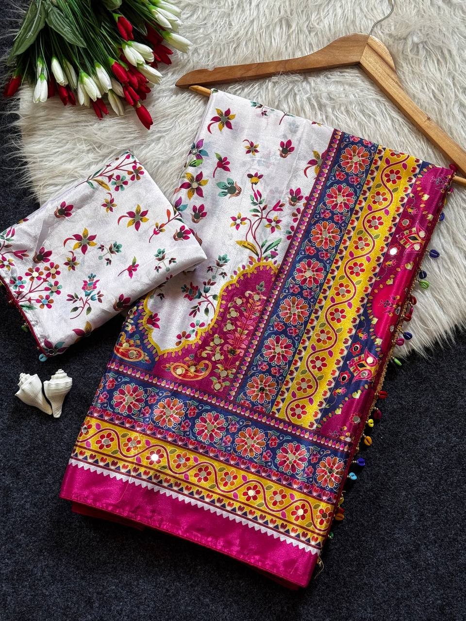 NEW Modal Silk Crepe Saree Position Print Real Mirror Work Piping Border Pallu