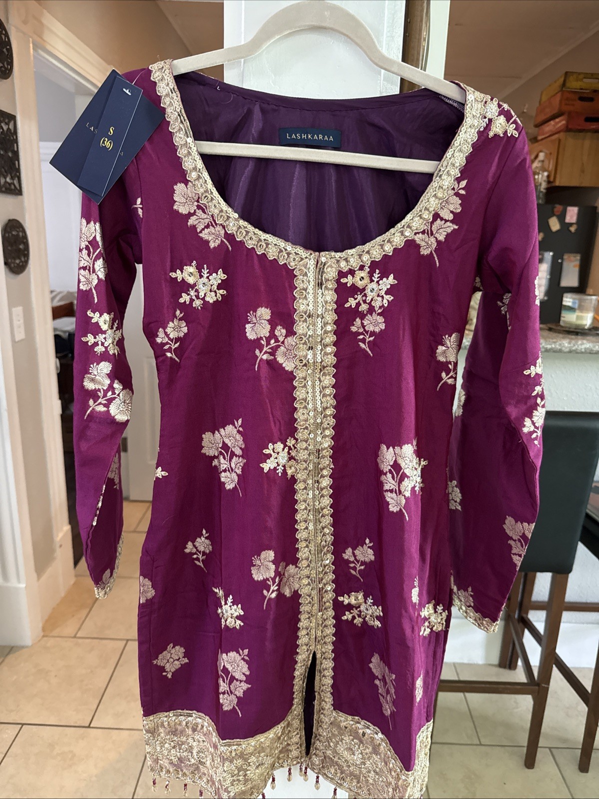 Lashkarra Fuchsia Floral Organza Gold Tunic Top Size Small New W Tags