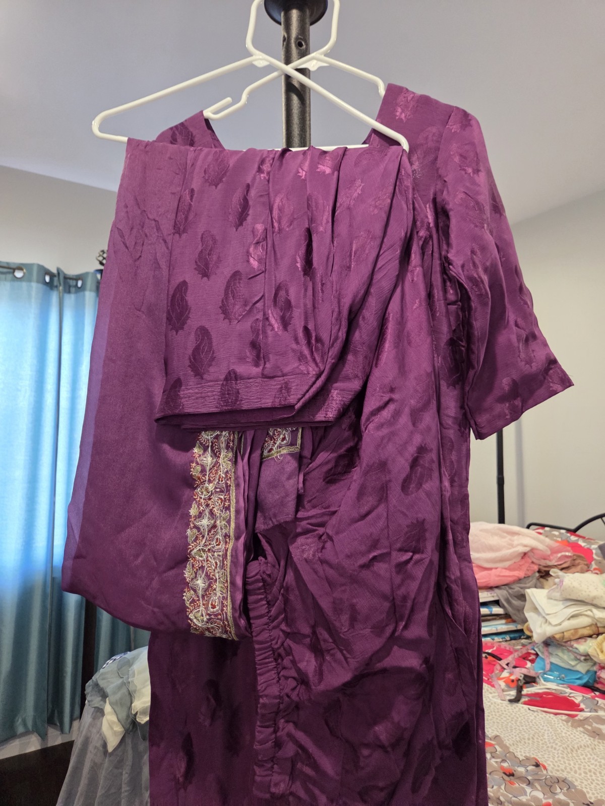 Paisley Print Magenta Lined Teal 3 Pcs Salwaar Kameez Size L ~B 19″ L 38″