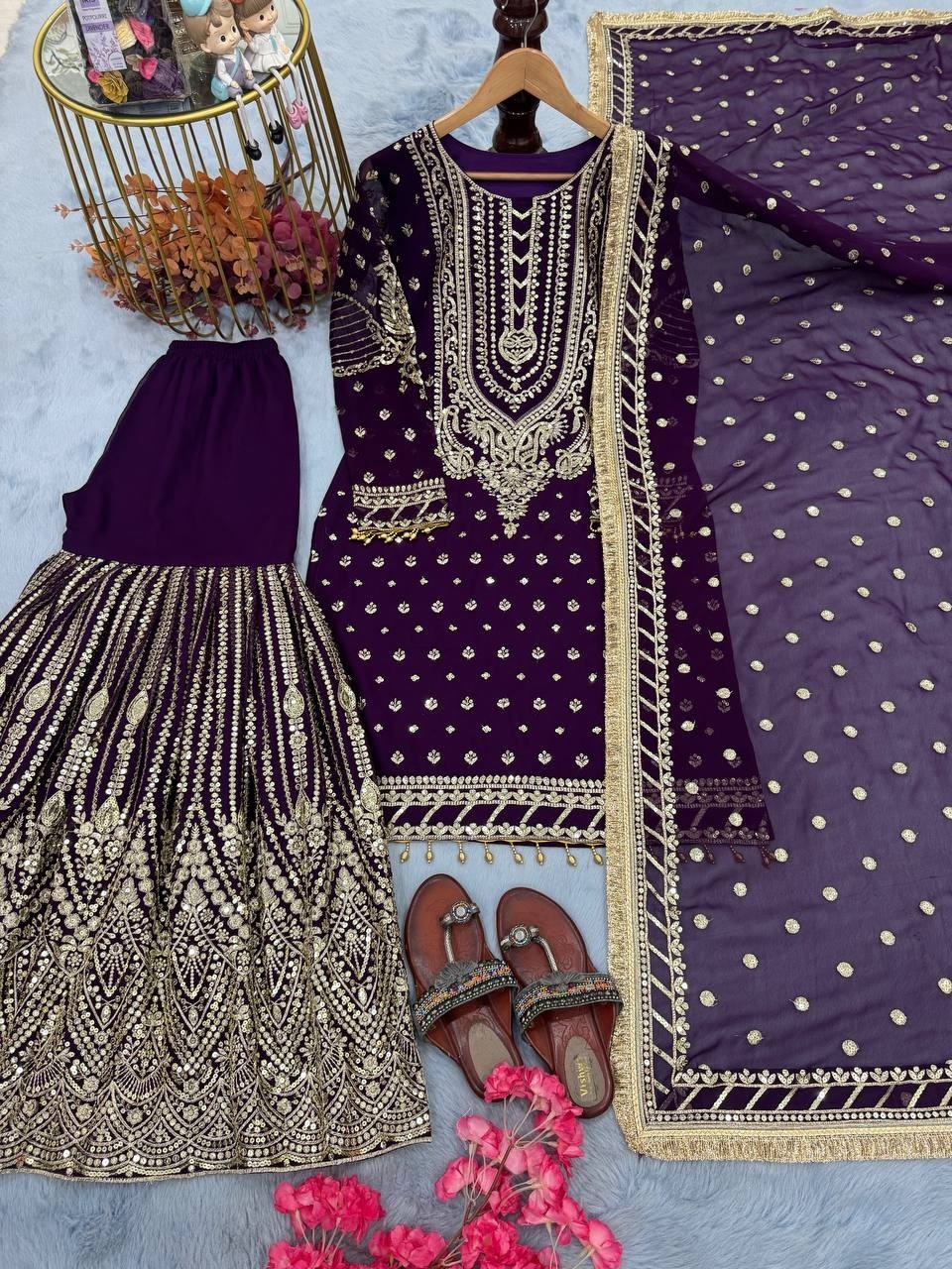New Beautiful Purple Faux Georgette Kurta Palazzo With Dupatta For Women & Girls