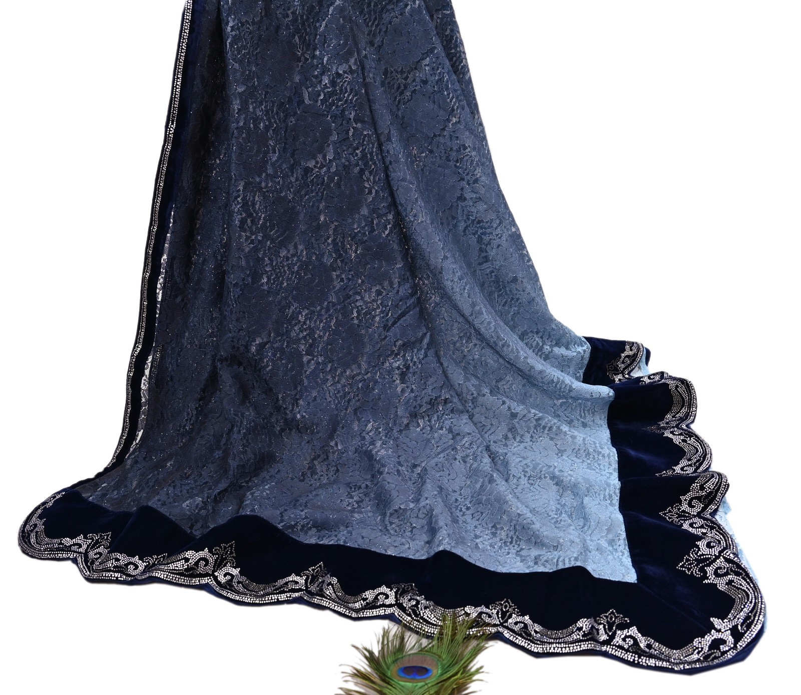 Vintage Blue Net Saree Heavy Hand Embroidery Sari 5.5 Yards Soft Mesh Fabric