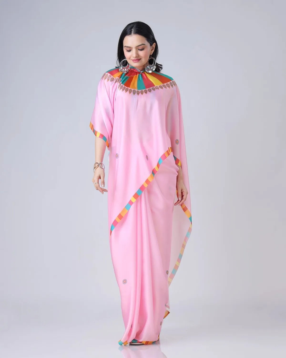 Women Pink Free Hand Mandala Art Print Satin Silk Saree with Unstitched Blouse