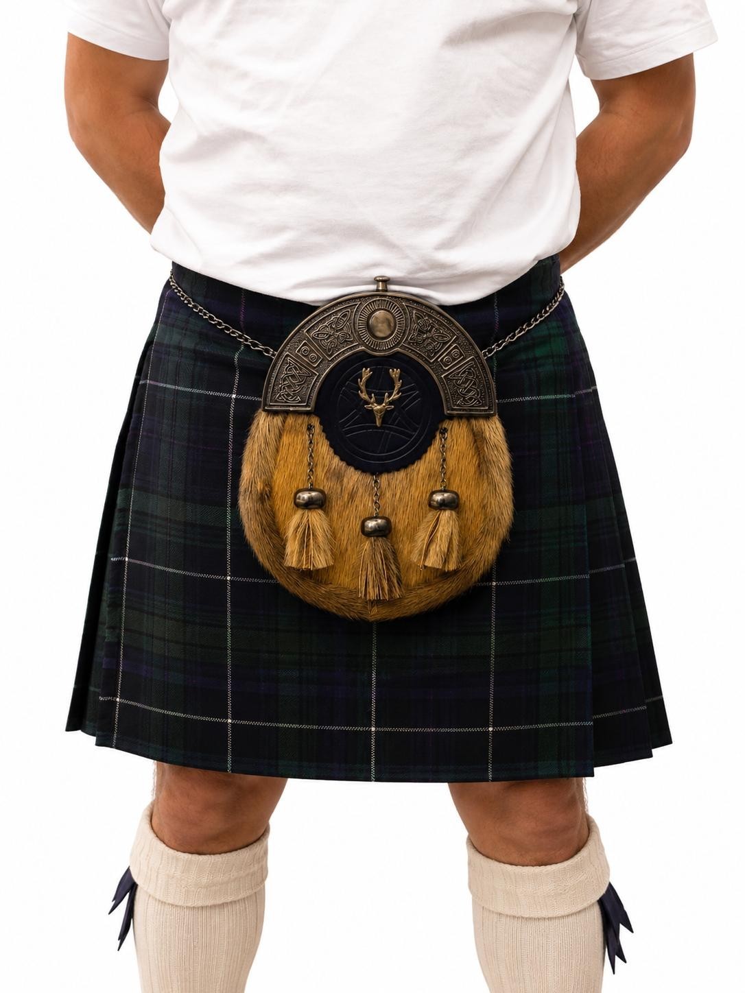 Skin Leather Sporran with Stag Badge Buckle and chain