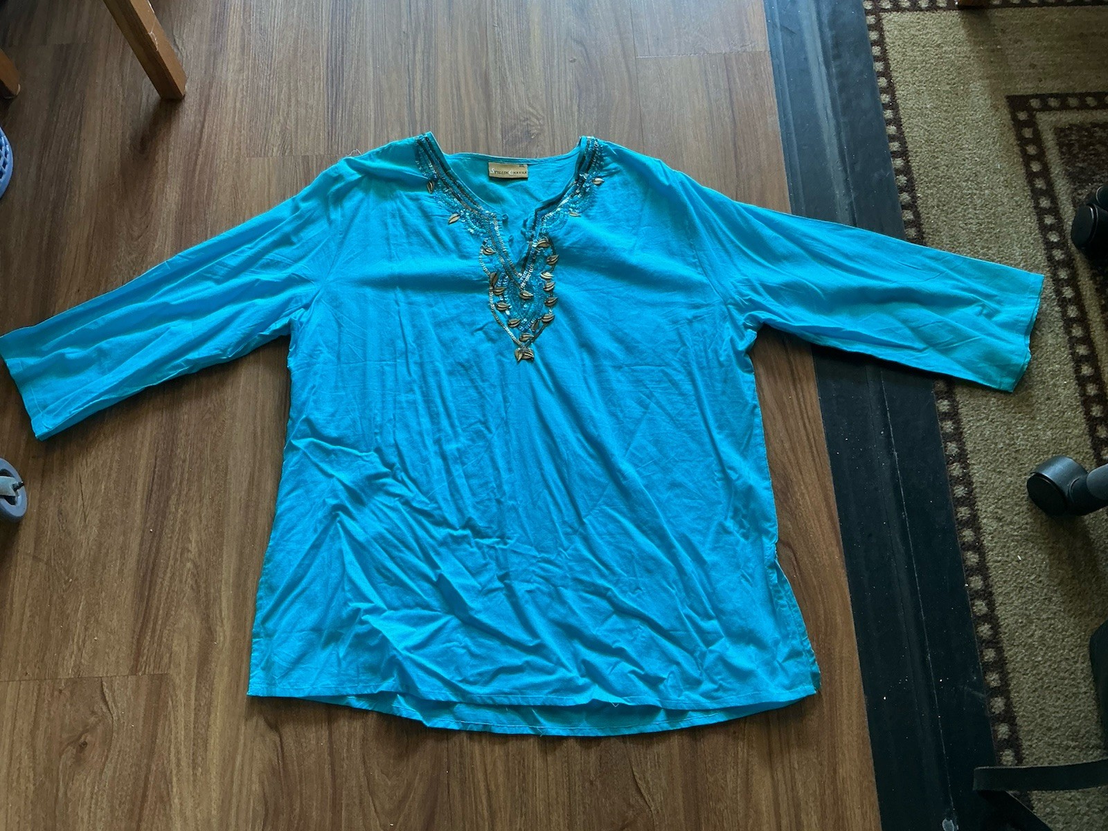 Long sleeve Blue Cotton Kurta Kurti Top Leaf Trinkets, 46” Bust 28” Long, New