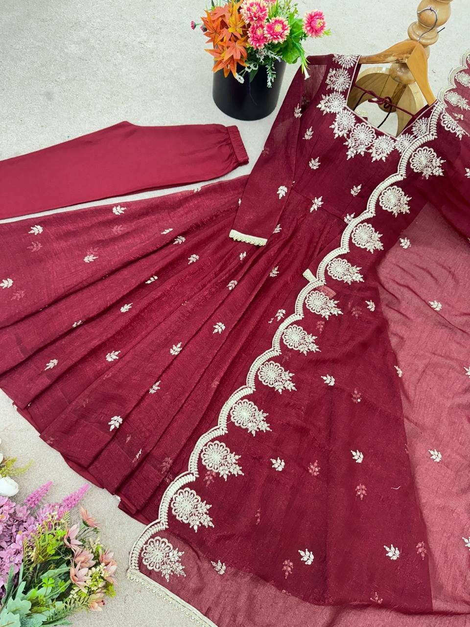 Designer New Crunchy Silk Gown Bottom With Maroon Dupatta For Indian Function
