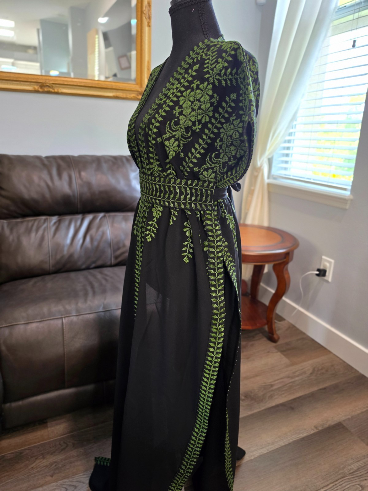Black Palestinian Jordanian Abaya Thobe with Green tatreez Embroidery
