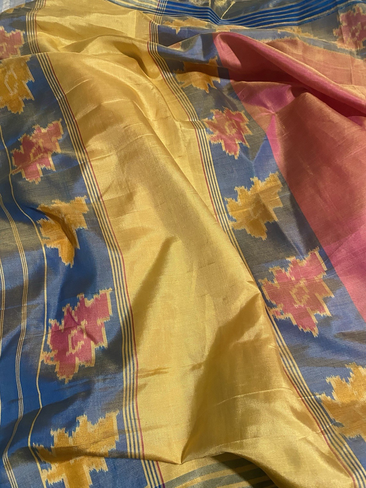 Kavanji Silk Saree Pink Yellow Blue Gold Geometric Pattern Indian Sari w/blouse