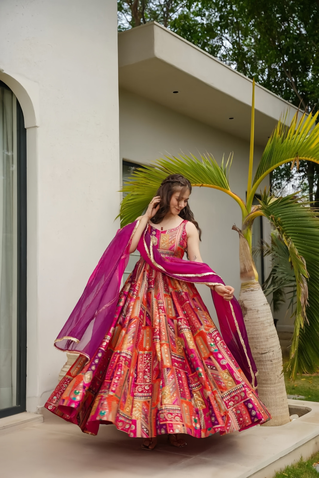 Traditional Indian Anarkali Gown Multicolour Patchwork Design Floor Length