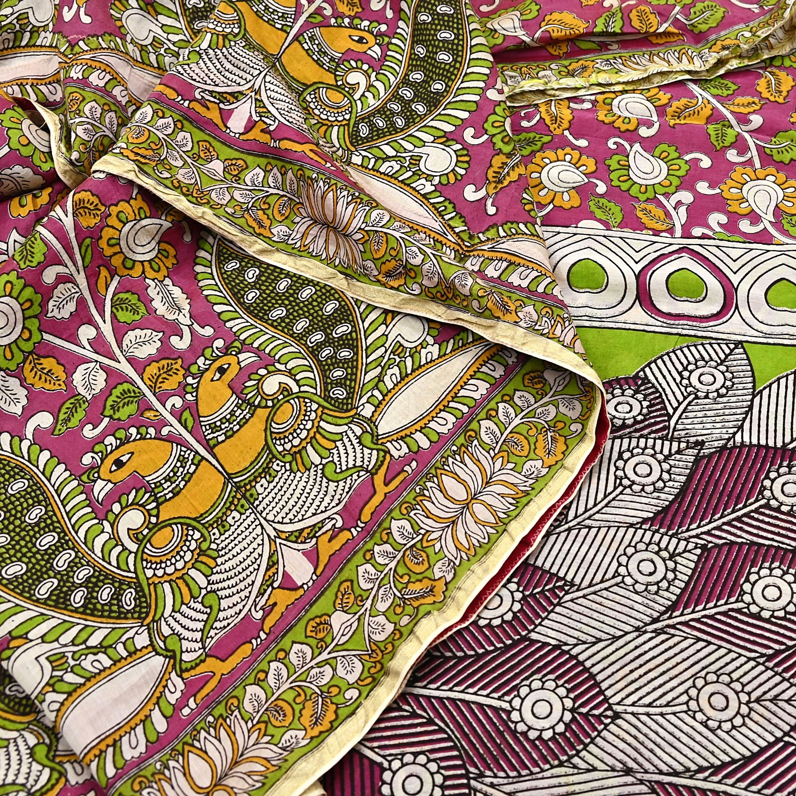 Indian Vintage Sari Pure Silk Kalamkari Print Saree Craft Fabric 5Yd Soft Zari